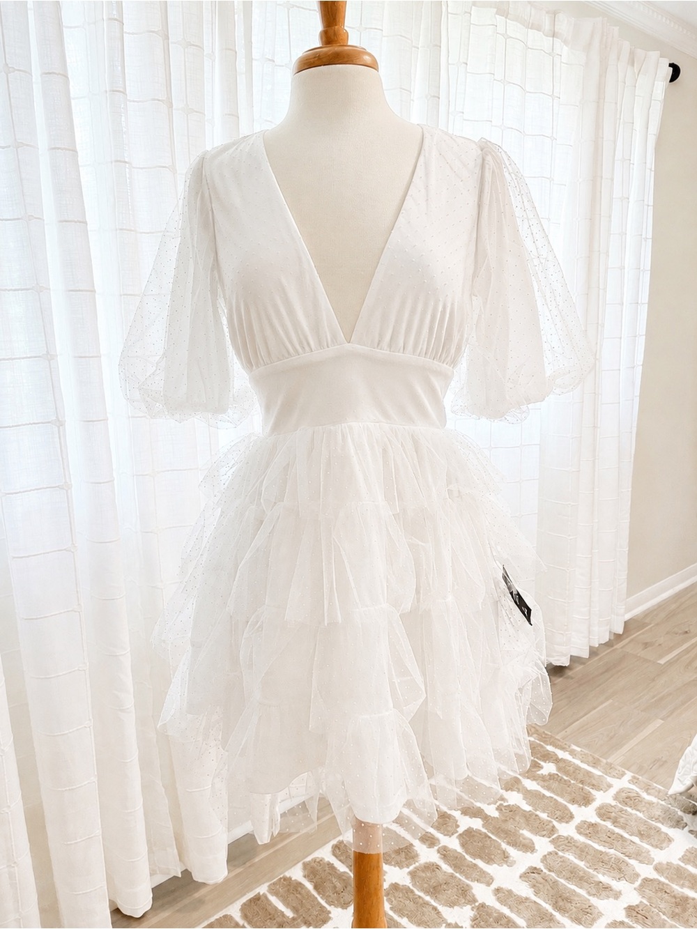 White Dot Tulle Puff Sleeve Tiered Mini Dress